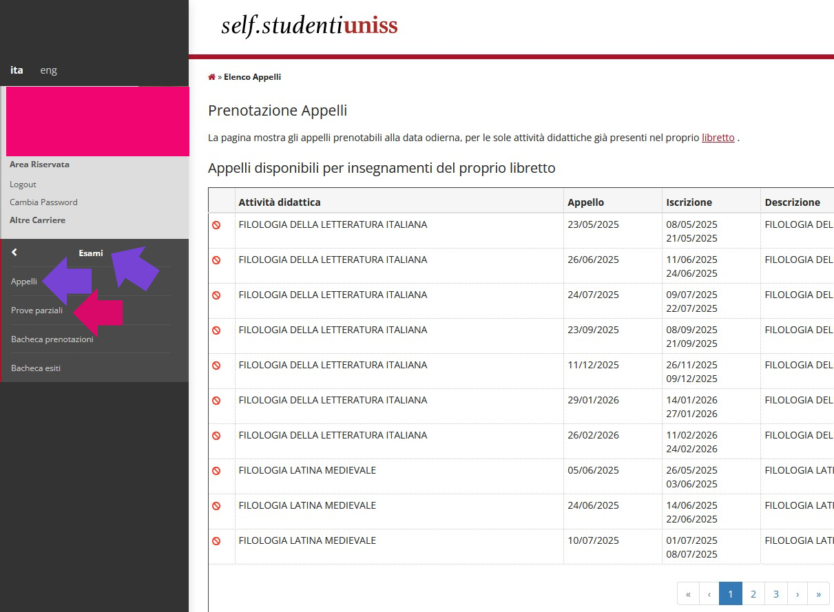 Pagina degli esami nel proprio account SELF